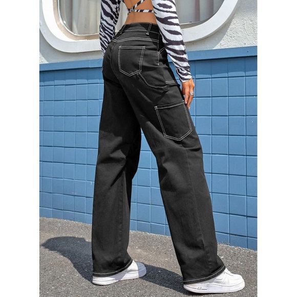 Azura Exchange  Black High Waist Straight Leg Cargo Pants with Pockets - Picture 3 of 15